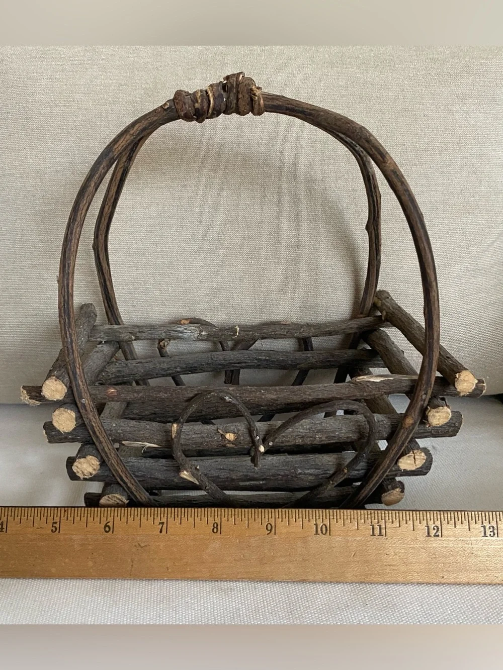VTG Rustic Primitive Twig Basket W Heart Double Sided Cottagecore Grannycore 9”